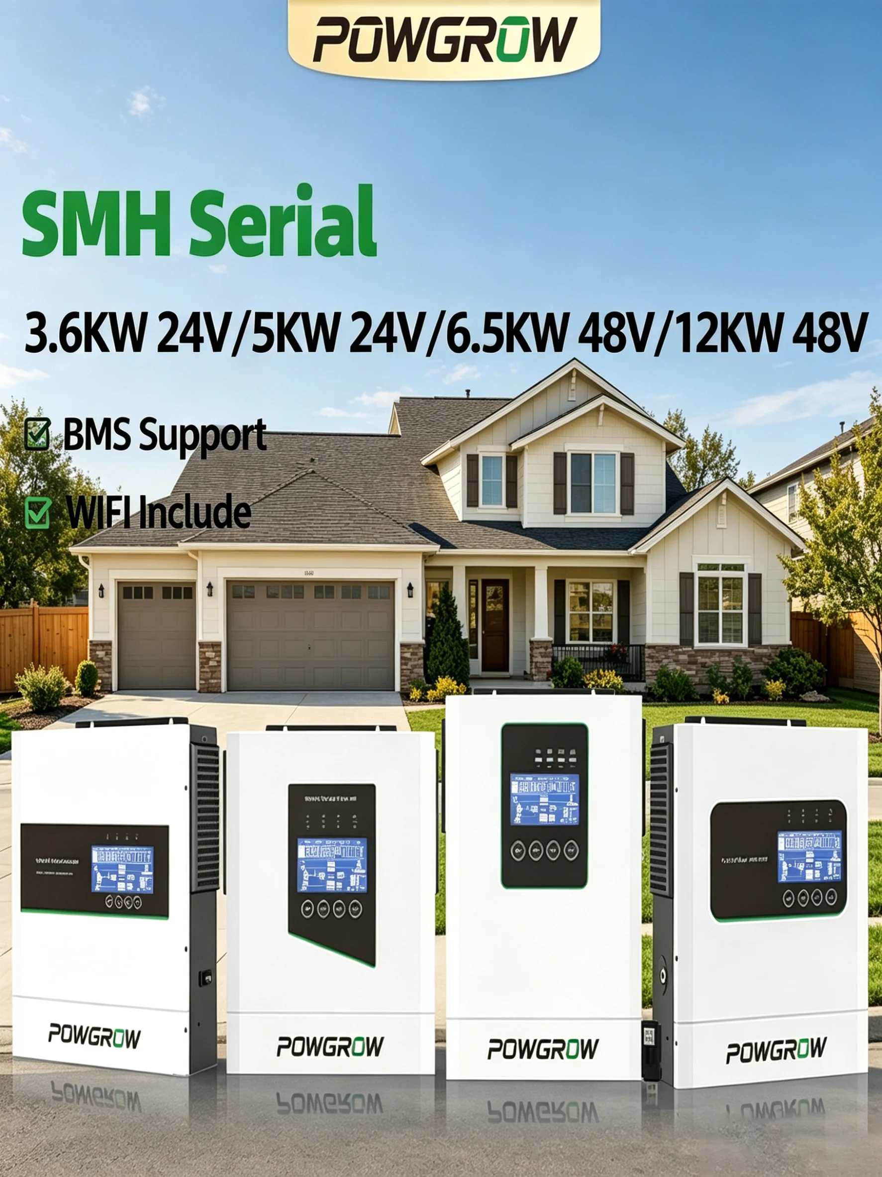 POWGROW 12KW 6.5KW 3.6KW Hybrydowy Inwerter Solarny 48V/24V 230Vac Wbudowany Regulator Ładowania Solarnego MPPT Inwerter Sinusoidalny Czysty Sinus z Obsługą WIFI i BMS, Do Użytku W Sieci i Poza Siecią — 2