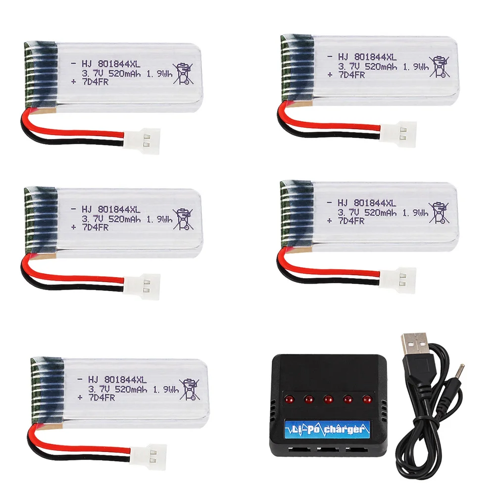 3.7V 520mAh 25c Lipo Battery 801844 with 5 in 1 Charger for H107P RC Camera Drone Accessories 3.7 v battery for H107P wholesale