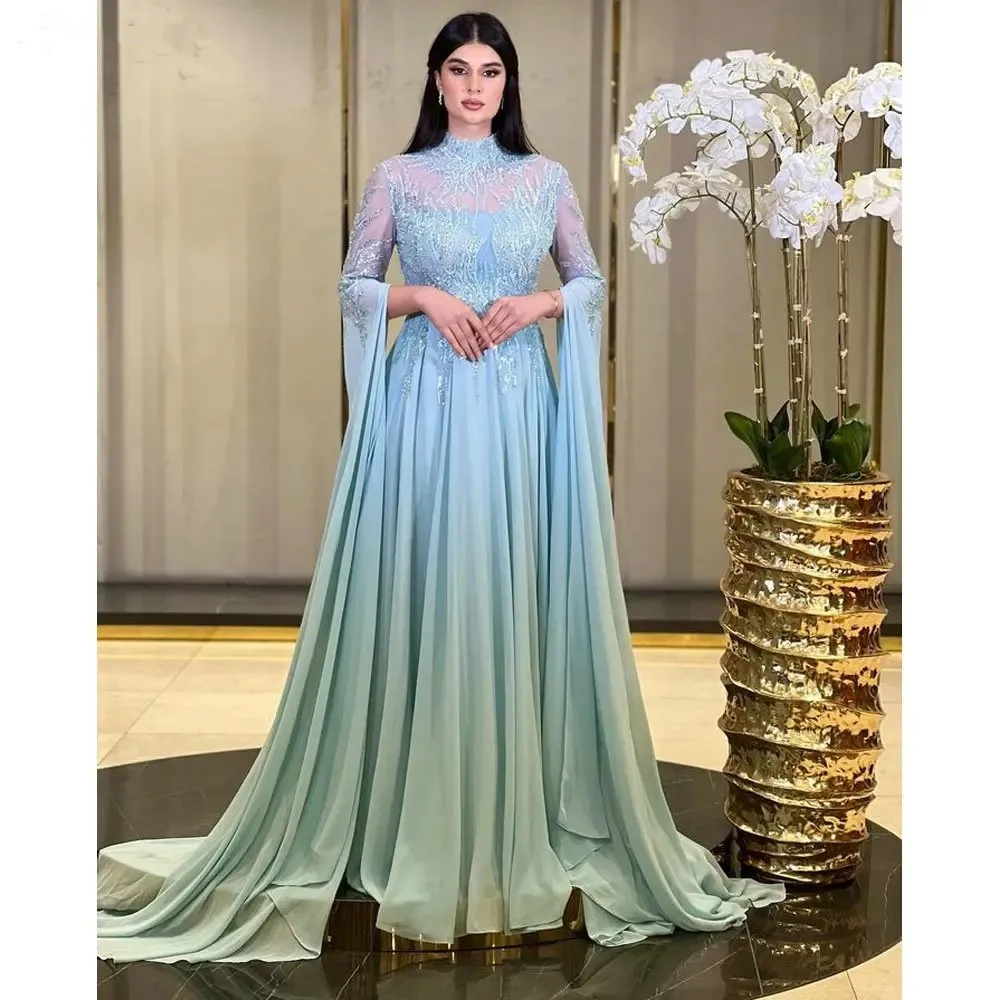 Romantic Green Chiffon Dubai High Neck Sequined Evening Dress A-Line Long Sleeves Applique Saudi Arabic Formal Party Gown