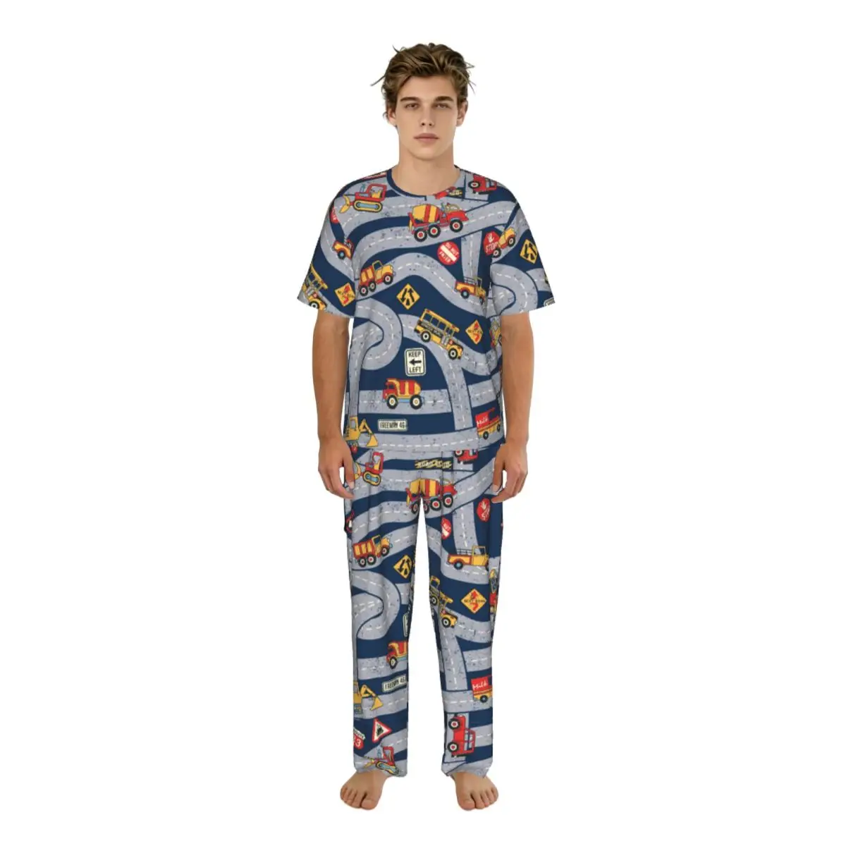 

Sleepwear Summer Spring Home Clothes Cute Car And Truck Road Traffic Map Short Sleeve Long Pant Nightwear