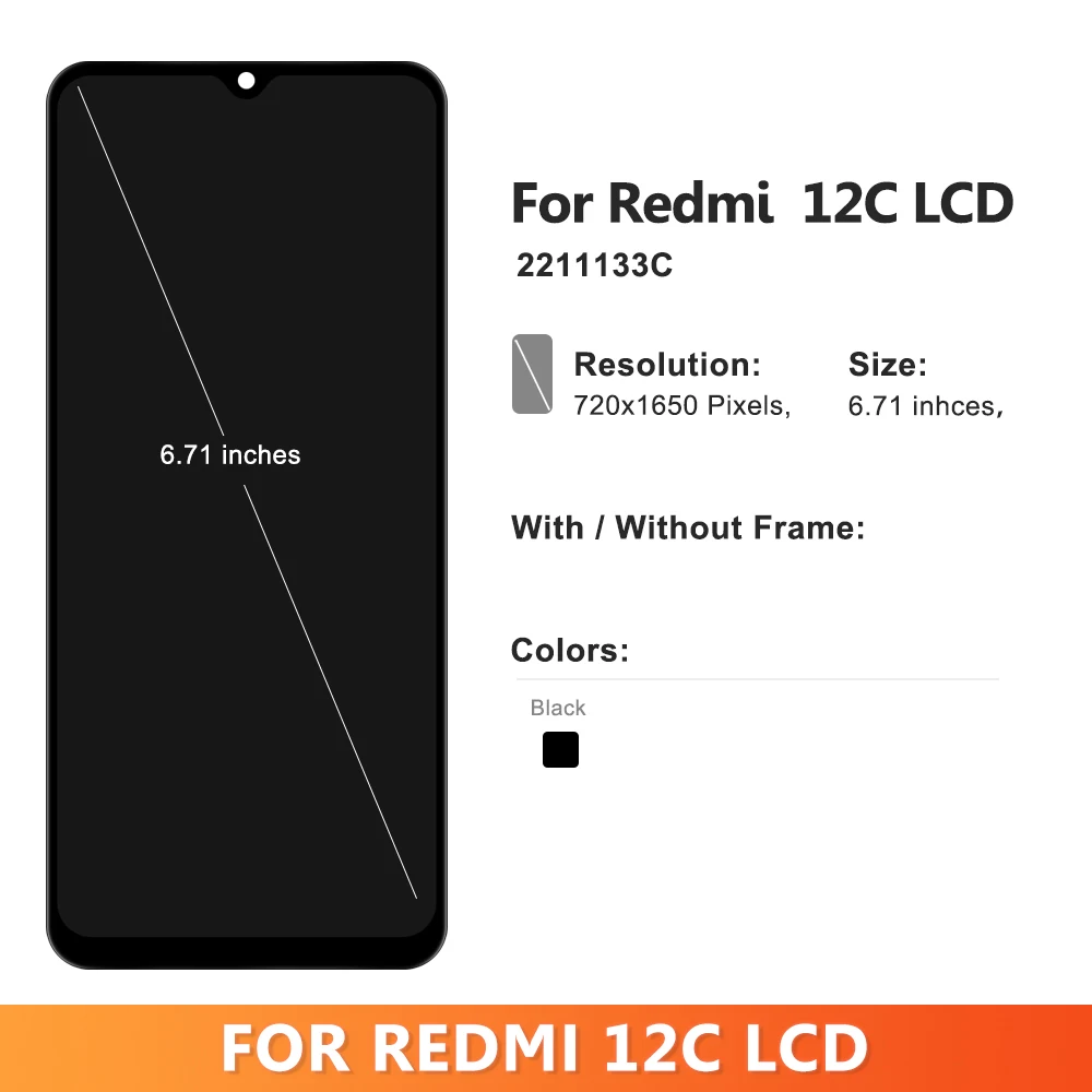 For Xiaomi Redmi 12C 22120RN86G LCD Display Touch Screen Digitizer For Redmi 12C Display Screen Replacement With Frame