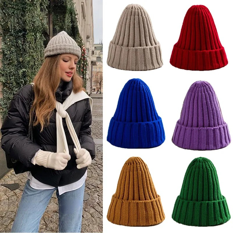  Winter Knitted Hat For Women Acrylic Beanie Unisex Elastic Warm Hip Hop Cap Soft Baggy Bonnet шапка женская Wholesale 