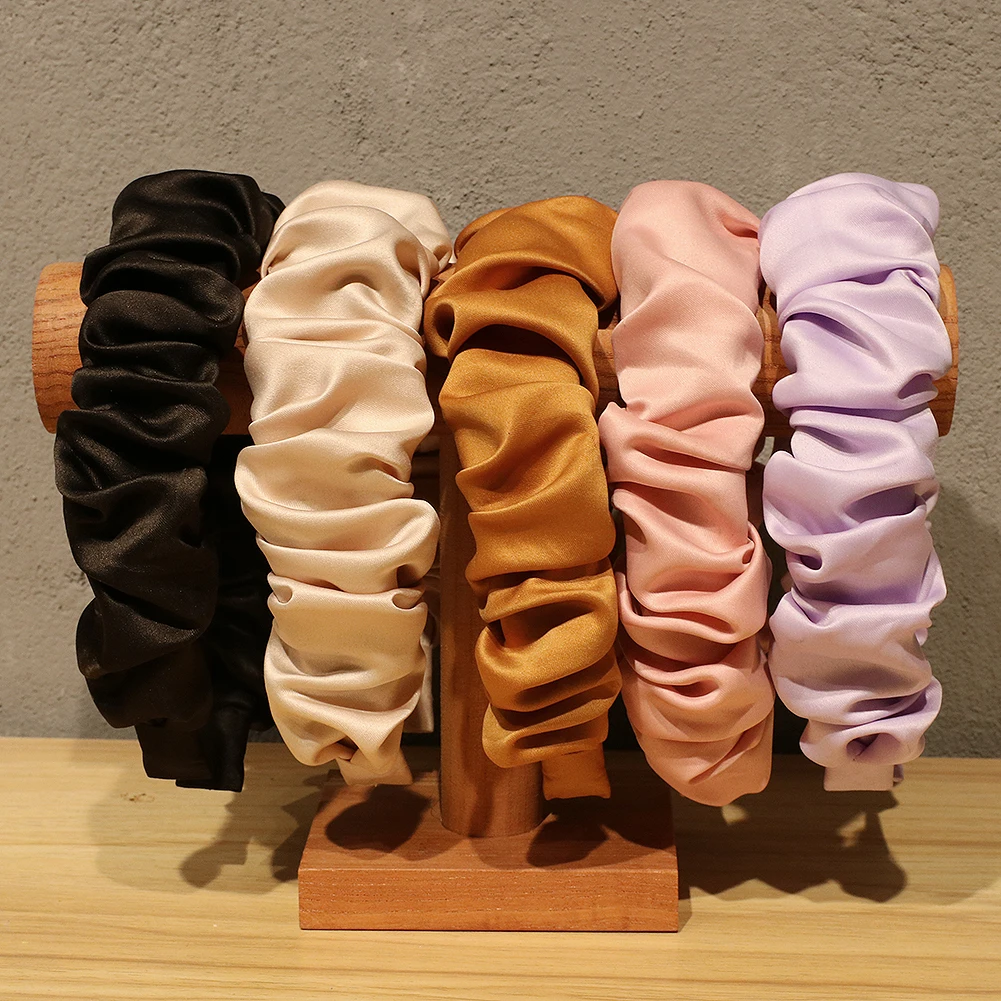 Hair Band New Silk Satin Pleated Headbands for Women Makeup Ruched Headband Fashion Solid Color Hair Hoop Hair Accessories Girls