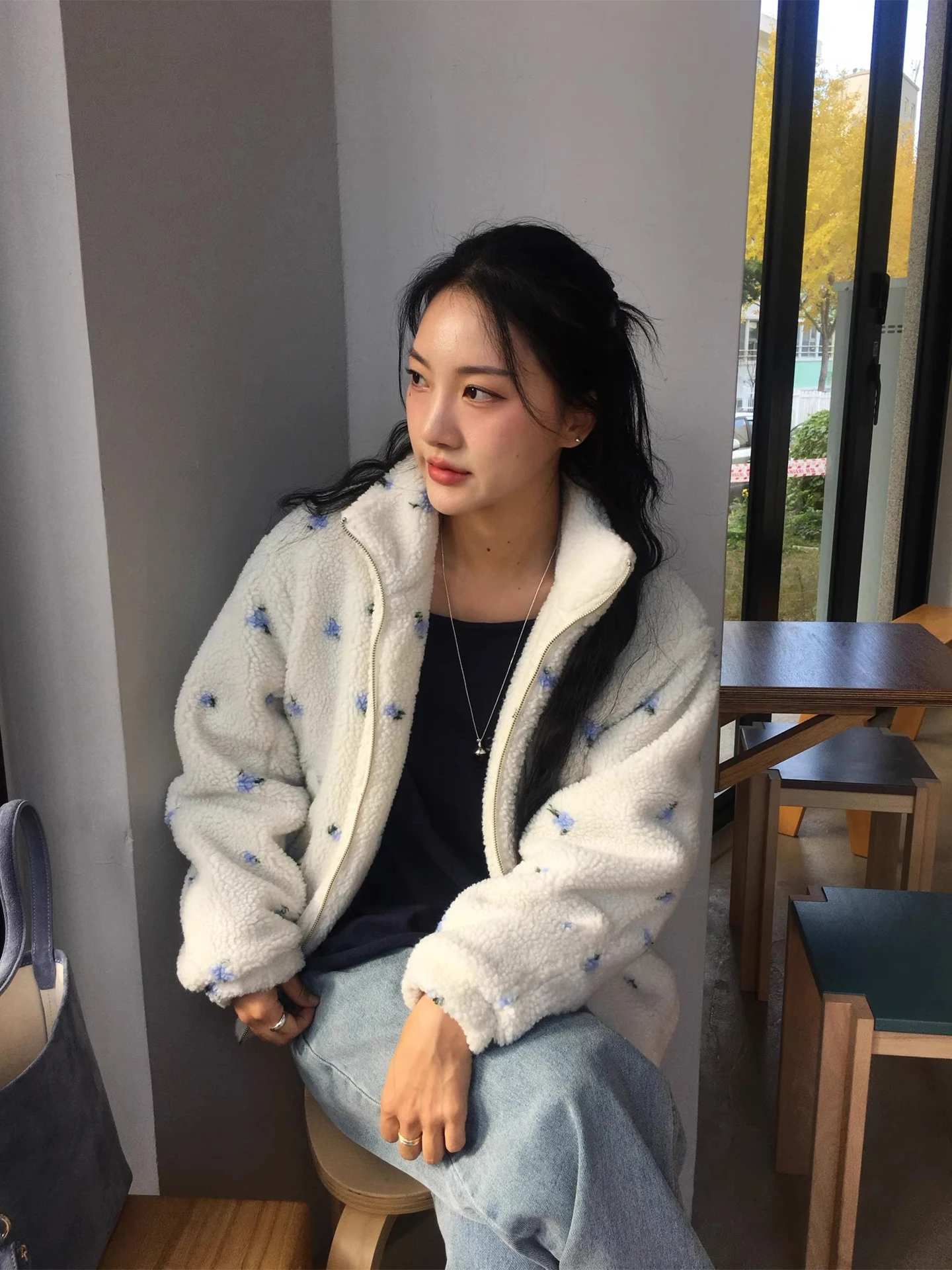 الرجعية Fre الوقوف طوق اللون بلو الأزهار فرو الضأن ort Jaet المرأة شتاء جديد سستة تنوعا القطن معطف تخفيف Sle