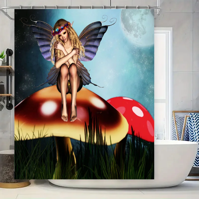 

Причудливый сказочный грибной декор, занавеска для душа, мечтательный лунный лес, фэнтезийное искусство для ванной комнаты, 3D печатный индивидуальный водостойкий