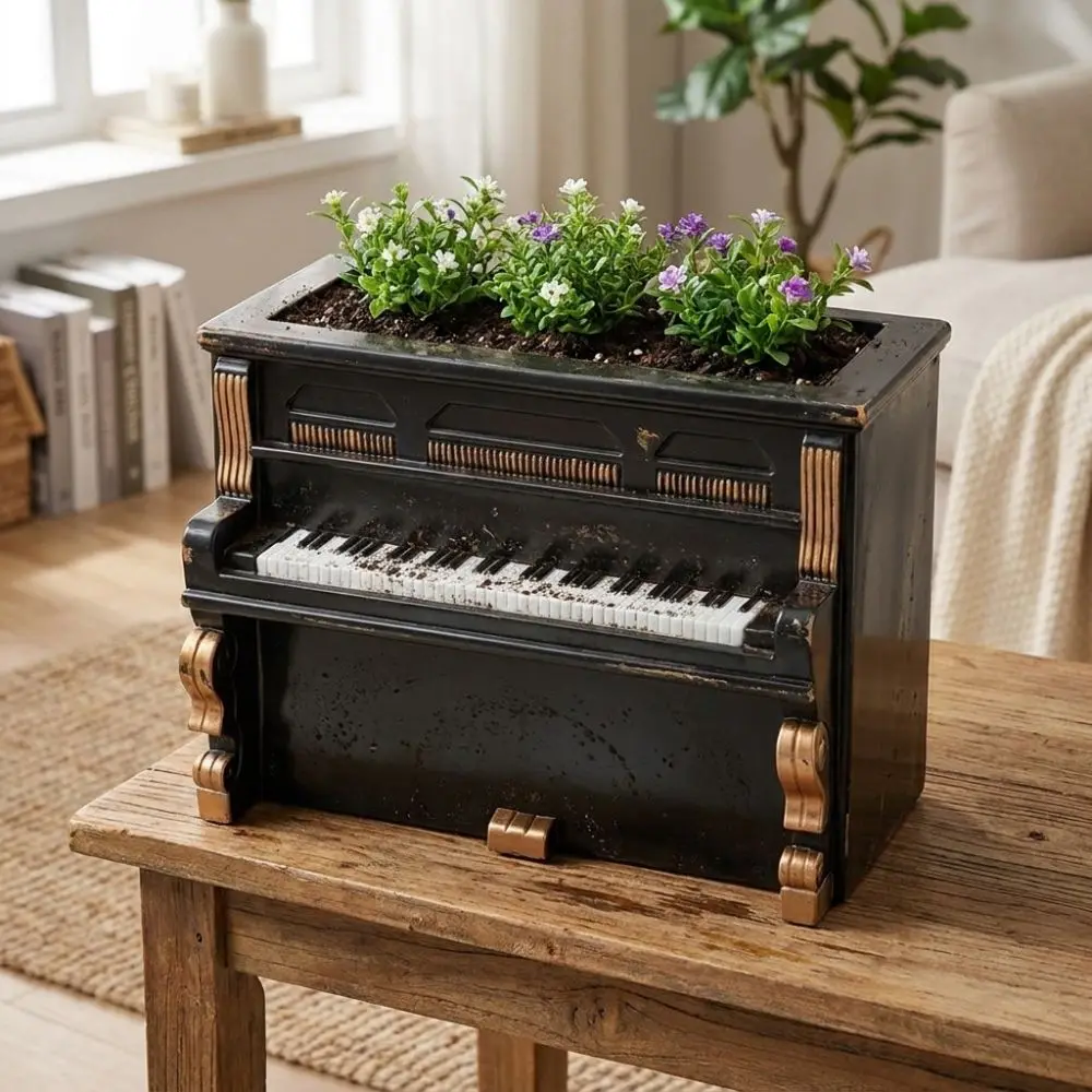 Retro Style Piano Flower Pot Gold Trim Unique Piano Shaped Pen Holder Decorative Piano Planter Indoor Plant Display