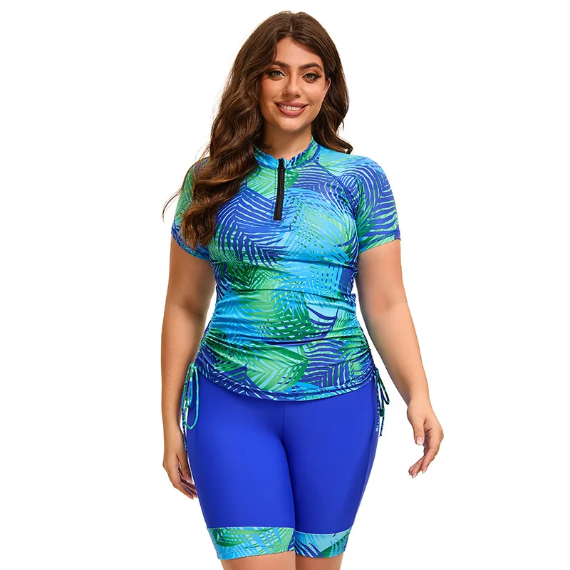 Women Plus Size Swimwear Tropical Leaf Print Zip Short Sleeve Rash Guard Top Side Drawstring Knee Capri Swim Two Piece Bikini