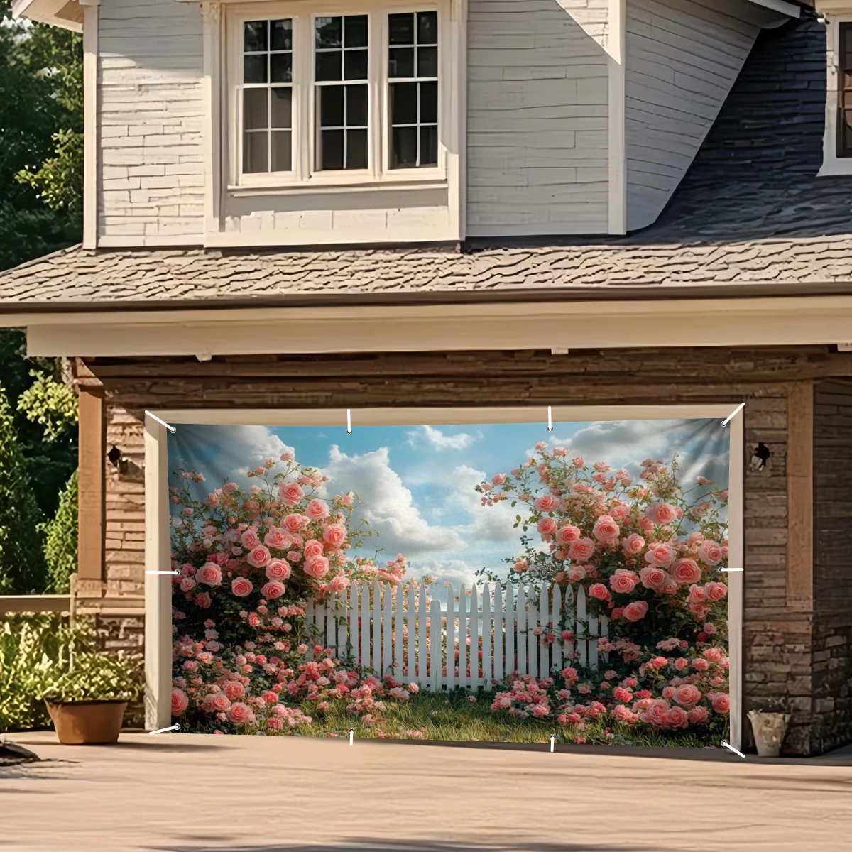 Garage Door Backdrop Rose Flower White Fence Outdoor Decor Party Banner for Wedding Birthday Spring Photo Booth Patio Wall YardG