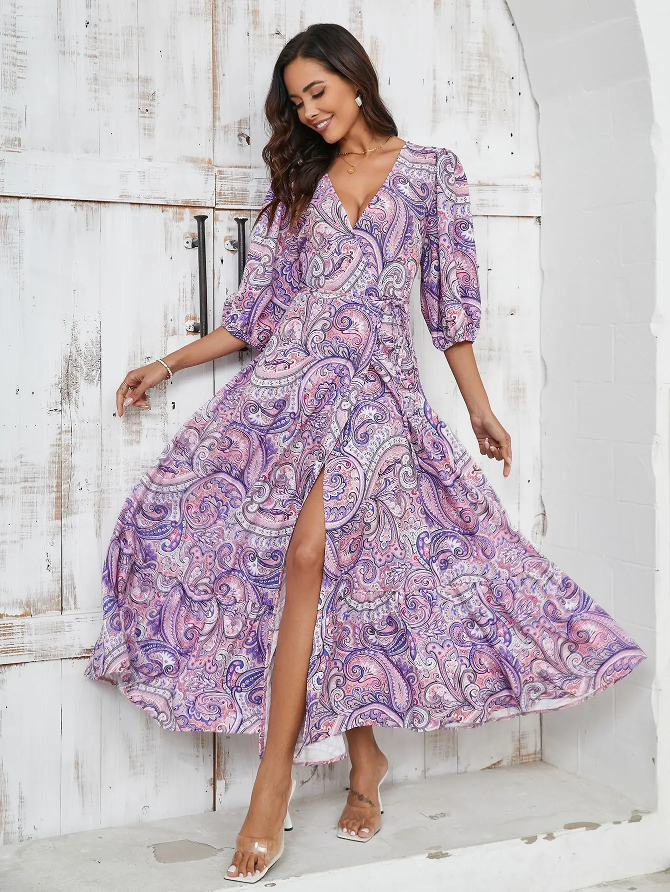 

Лето 2021, платье Vestidos Para Mujer, маленький принт, v-образный вырез, пышные платья с короткими рукавами, большие качели, платья миди для женщин