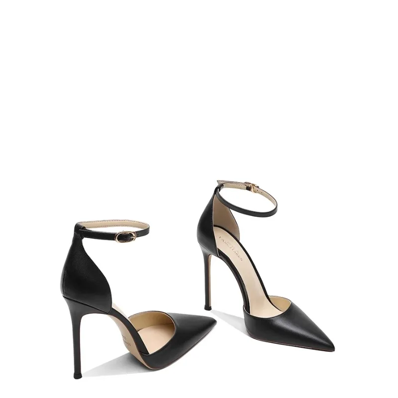 

2025 Summer Fashion New Leather Black Hollow Shoes for Women, Thin Heels, Sexy Pointed, White Pair, Straw High Heels