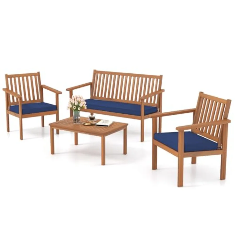 

Tangkula 4 Piece Patio Wood Furniture Set Acacia Wood Sofa Set w/Loveseat 2 Chairs and Coffee Table Soft Seat Cushions Outdoor
