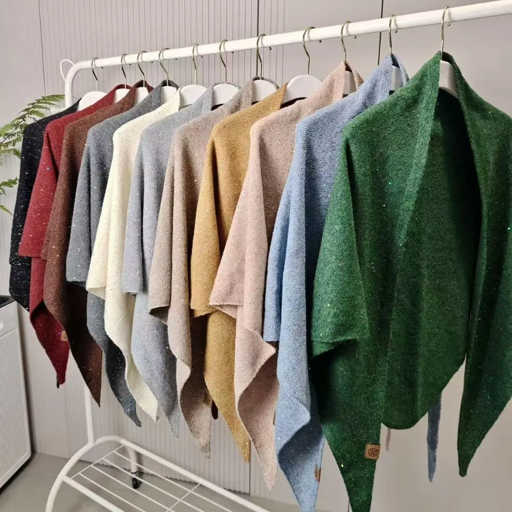 

Женская модная зимняя теплая шерстяная шаль, термобелье высокого класса с защитой шеи, вязаный шарф, корейский треугольный шарф с блестками