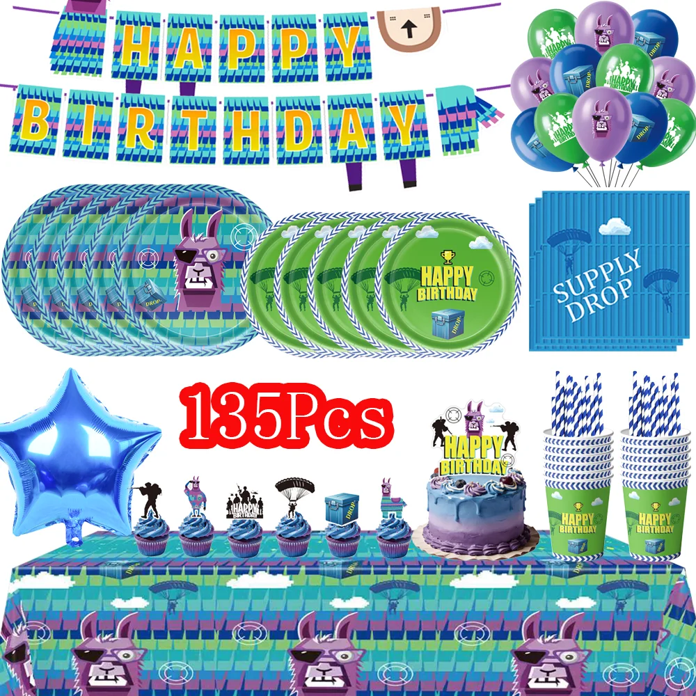 Shooting Game Fortnition Birthday Party Decoration Alpaca Tablecloth Cup Plate Napkin Baby Shower Number Party Favors Supplies view 4