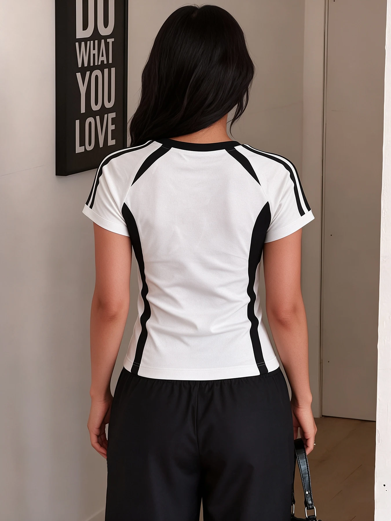 Y2K Raglan T Shirt Women Shield Badge Light Blue Letter Print White Black Colorblock Sport Short Sleeve Tee