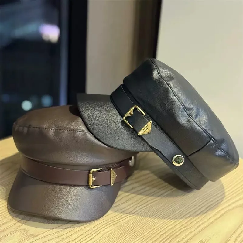 New Belt Buckle Beret Women's Autumn and Winter Trendy Leather Octagonal Cap All-match Casual Vintage Paintwork Hat