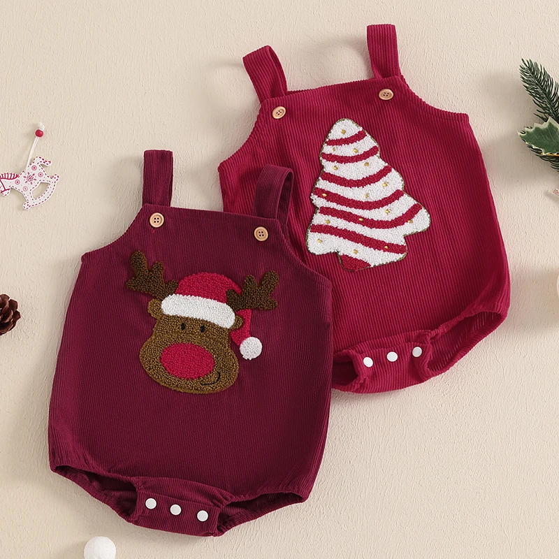 Christmas Newborn Baby Boys Girls Rompers Clothes 0-18M Gingerbread Man Hat Embroidery Sleeveless Button Jumpsuits Overalls