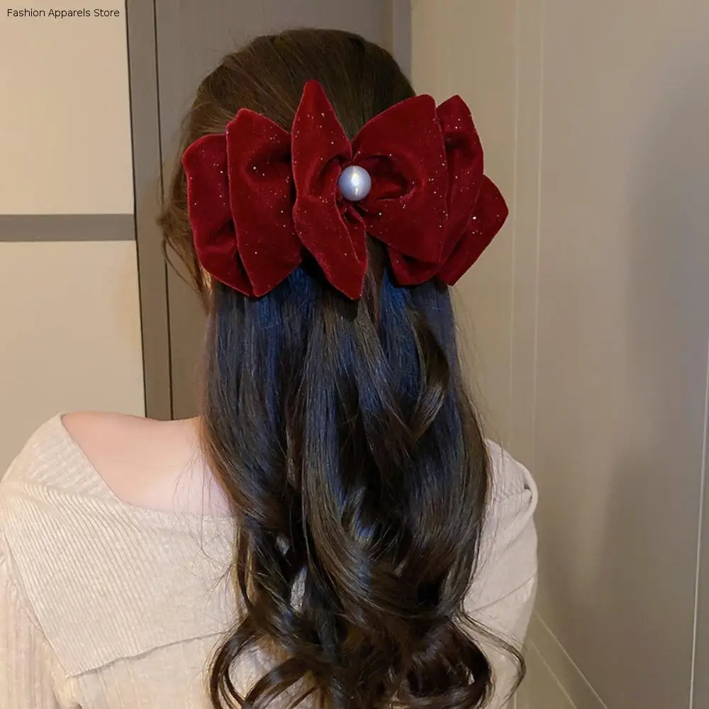 

Sweet Cloth Red Velvet Bow Hair Clip Wine Red Rhinestone Bowknot Spring Clip Pearl Tassel New Year Hairpin Ponytail Holder
