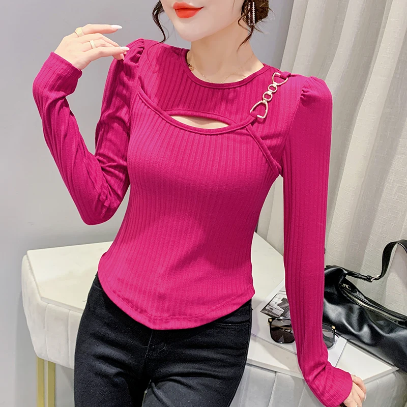 MadBlack European Clothes Sweater Women O Necks Hollow Out Slim Knit Top Long Sleeve Elastic Tshirts Autumn Spring T38060JM