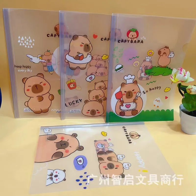 Capybara Cartoon A4 Sliding Report File Folder, Paper Slide Grip, Cover Document File Holder, 40 Sheets, 4Pcs Set