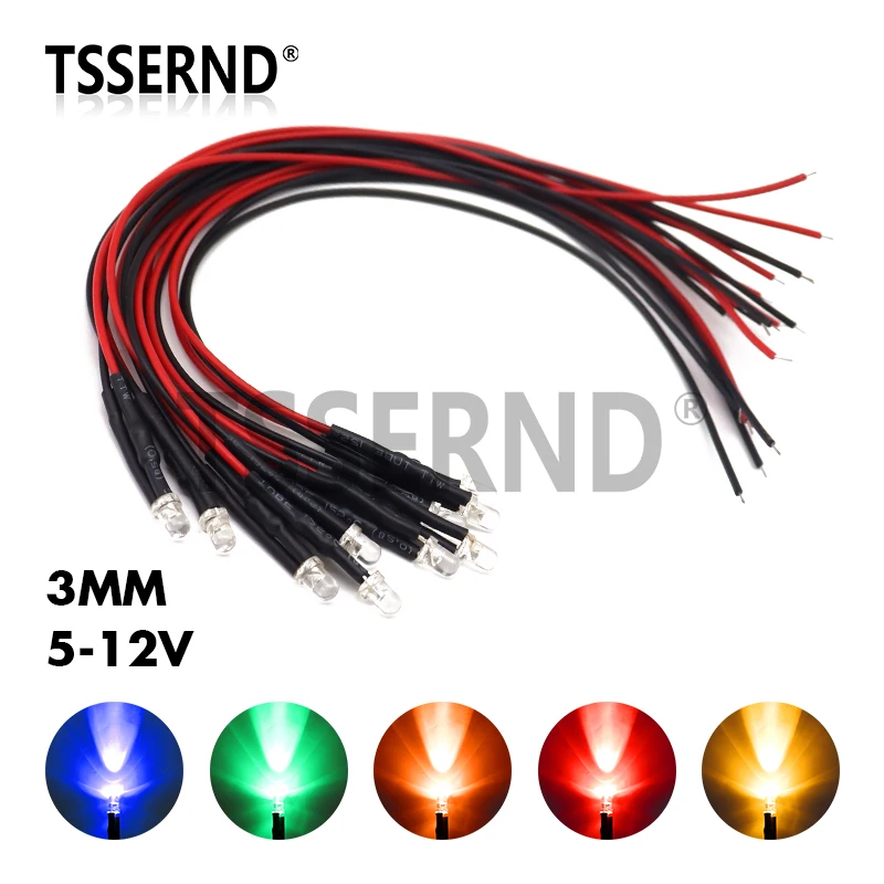 10 шт. 3 мм светодиод 5-12 В 20 см предварительно смонтированные белые, синие, красные, зеленые, желтые УФ-диодные лампы RGB, украшения, светоизлучающие диоды, предварительно припаянные