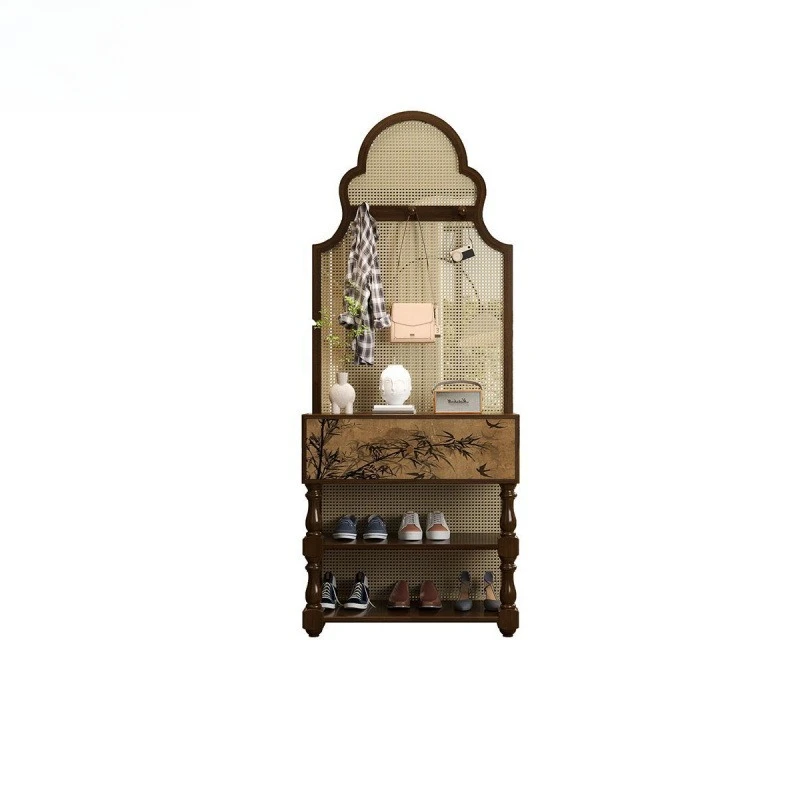 

French bedroom shielding movable seat screen rattan screen partition living room antique style home solid wood retro shoe