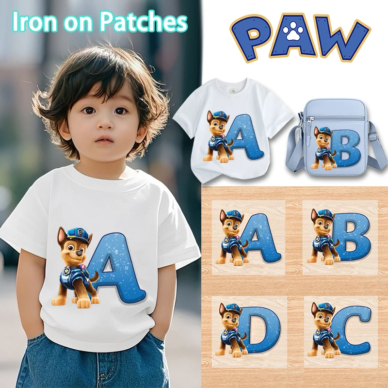 

Cute PAW Patrol Iron on Patches Fashion Cartoon Letter A-Z Heat Transfer Stickers DIY Kids Clothes Handbag Clothing Decals Gifts