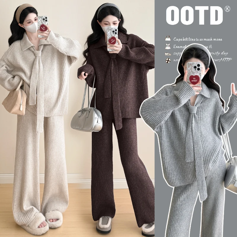Maternity Clothes Autumn Winter Knit Sweater Tie and Wide Leg Pants 2 Piece Set