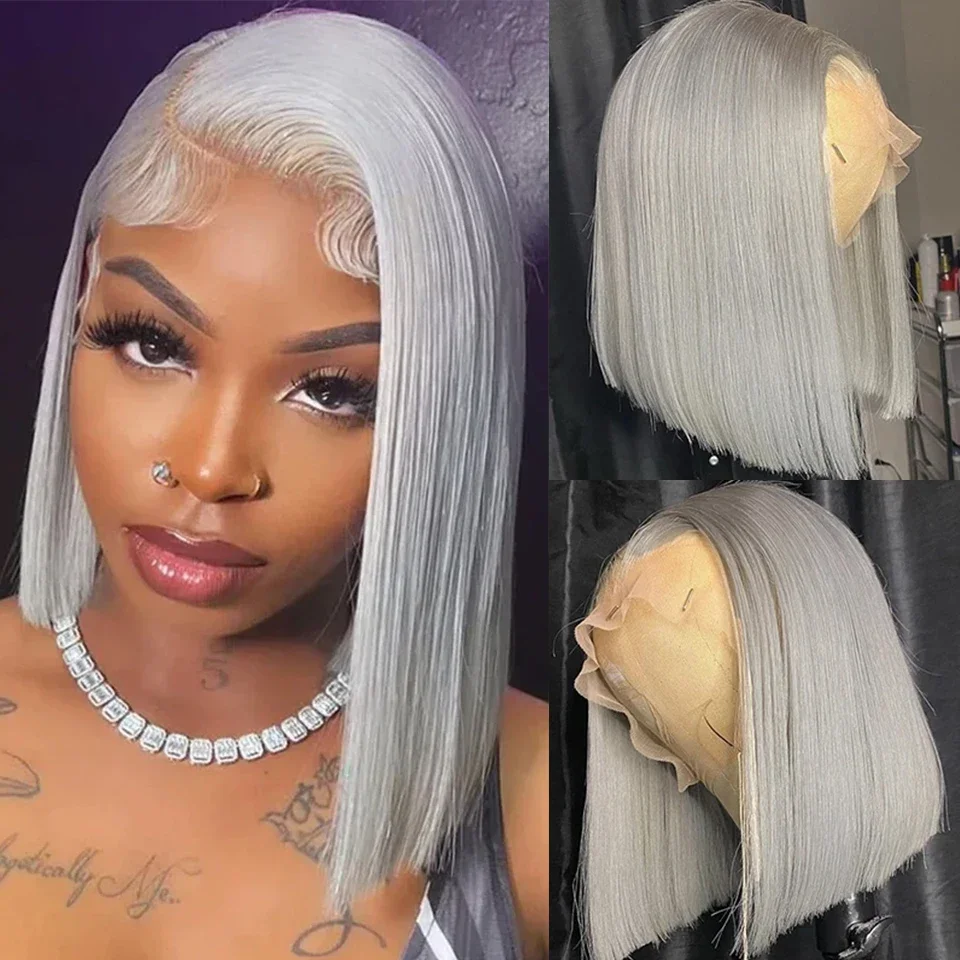 

Silver Grey Double Drawn Short Bob Wig Straight Lace Front Human Hair Wigs For Women 13x4 Vietnamese Lace Frontal Wig PrePlucked