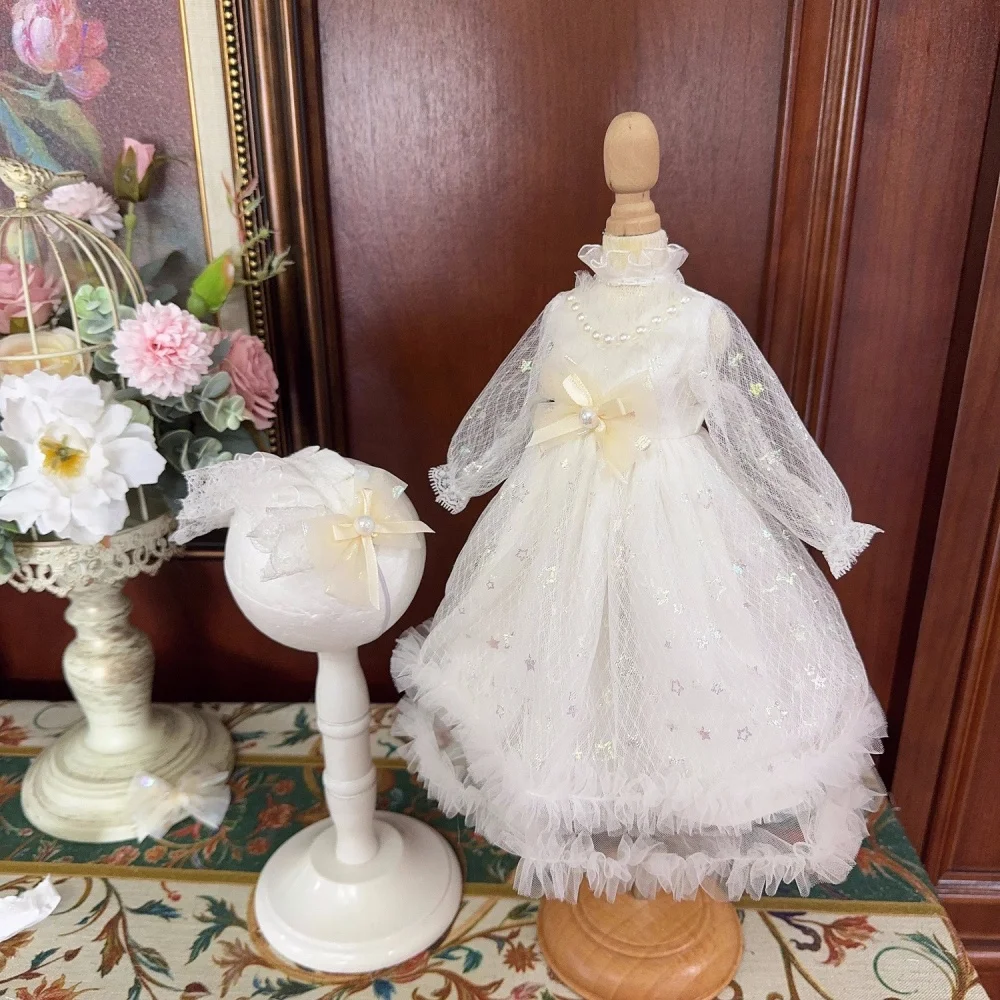 

bjd Doll clothes fit in 1/6 1/4 1/3 Blythe size White bow lace Pearl dress doll accessories