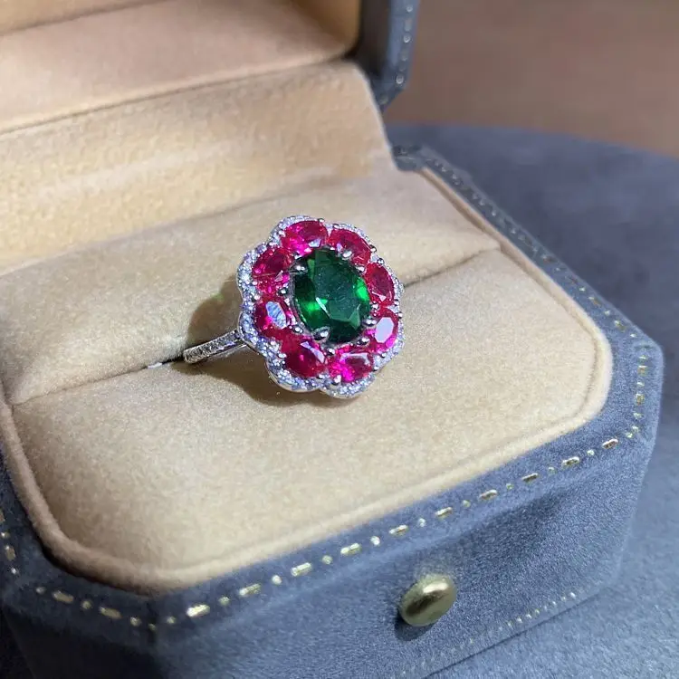 

silver 925 inlay diamond ruby green ring fashion and High quality engagement flower ring gorgeous and charm wedding jewelry
