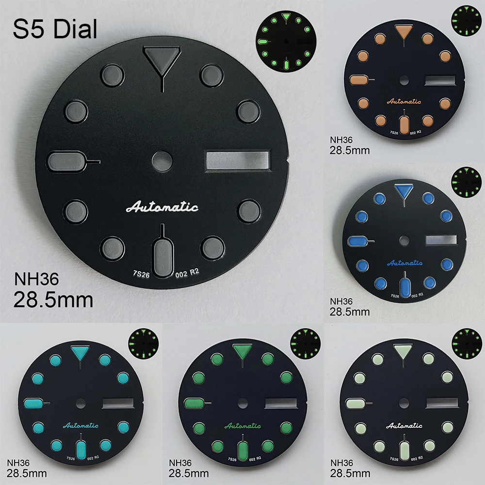 

28.5mm S 5 Logo SKX007 Black Dial Suitable for NH36/4R36 Movement Green Luminous Dual Calendar Watch Modification Accessories