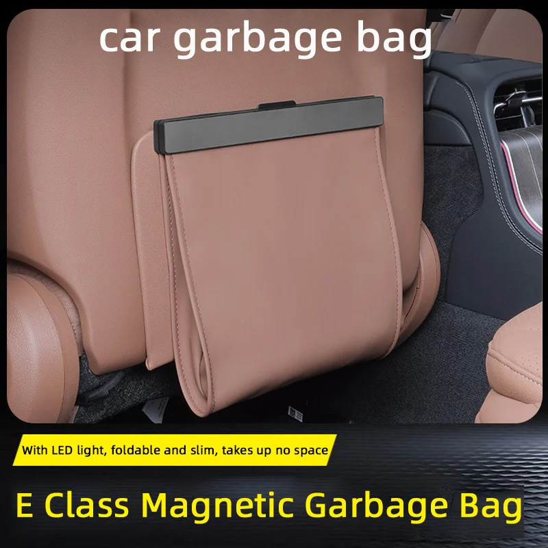 

Magnetic Hanging Car Garbage Bag For Benz With LED PU Leather Waterproof Trash Can Back Seat Storage Pocket Leak-proof Accessory