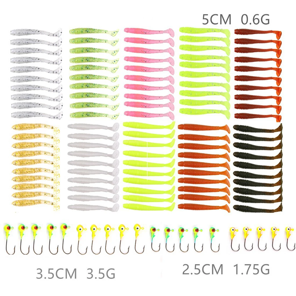 120pcs Soft Fishing Lures and Hooks Set Plastic Grub Worm Wobblers Bait Fish Jigging Swimbait