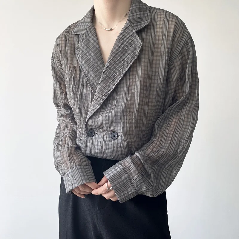 

Корейский шик: легкий свободный мужской жилет в клетку с складками, повседневный, для защиты от солнца, весна-осень-зима