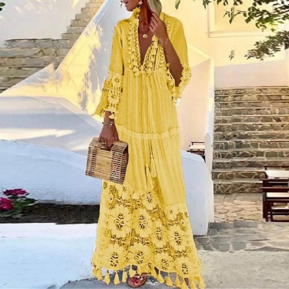 Bohemian Spring Lace Tassel Splicing Long Dress Elegant Temperament Flowy Maxi Gown Women Holiday Outfit For Beach Vacation