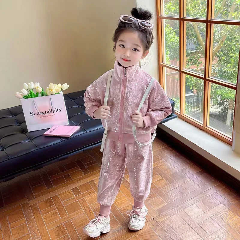 

Girls Fashion Sequin Set 2024 Autumn New Korean Two-piece Set Of Foreign Casual Children's Wear Trend 90-140cm