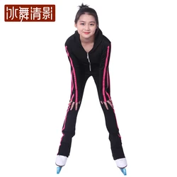 Customized Figure Skating Suits Jacket and Pants Long Trousers for Girl Women Training Ice Skating Warm black pink Mesh sleeve