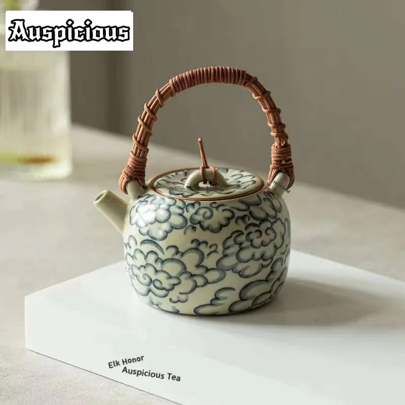 

Ancient Ru Kiln Ceramic Teapot Rattan Weaving Lifting Beam Pot Tea Maker Kettle Chinese Kung Fu Teaset Accessories Decoration