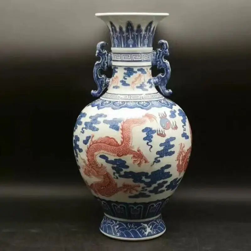 Classic China blue and white porcelain dragon patterned double ear large vase Home Decorations