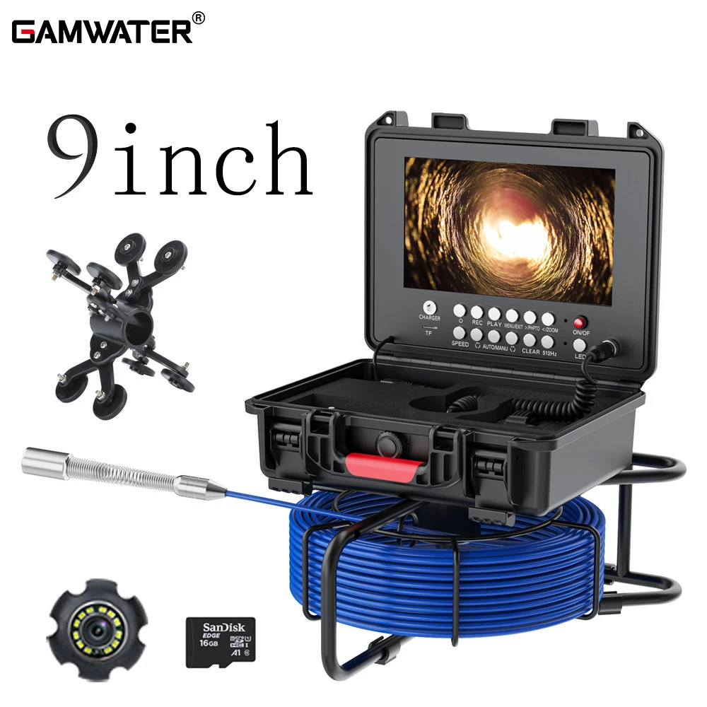 9 inch Sewer Camera with 512Hz Transmitter Self-Leveling Meter Counter DVR Inspection Video Endoscope IP68 Waterproof