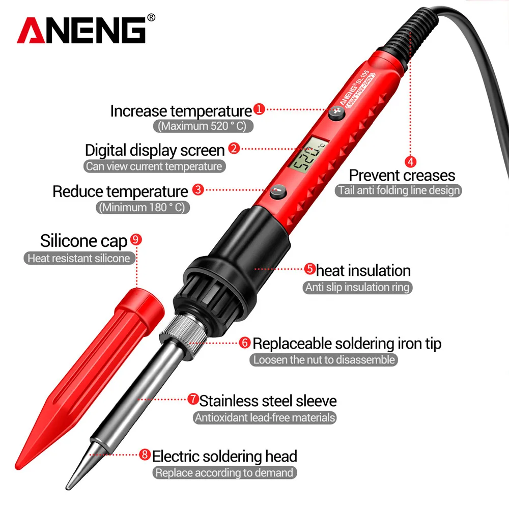 ANENG SL105 Adjustable Temperature Electric Soldering Iron 60W 220V with LCD Digital Display for Welding 180℃-520℃ / 248℉-968℉