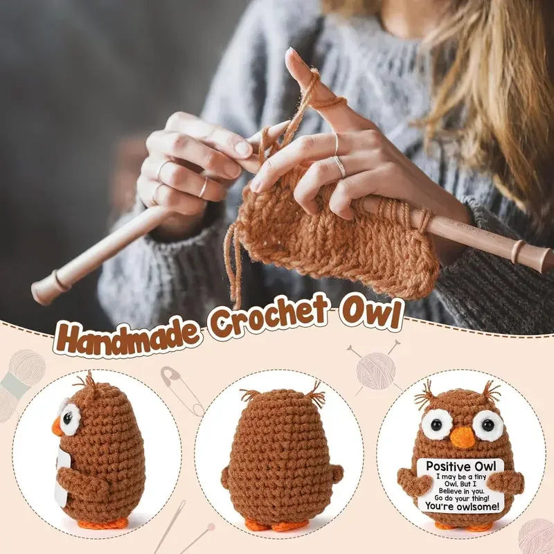 Niedliche Häkel-Eulen-Puppe, 1 Stück, kreative Strickdekoration mit positiver Nachrichtenkarte, Valentinstagsgeschenk, emotionale Supportgurken – Detail 6