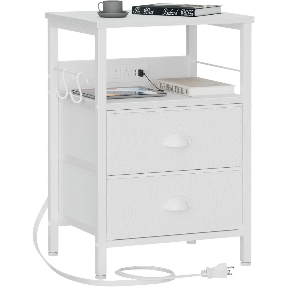 End Table with Charging Station, Nightstand Fabric Drawers, Side Tables USB Ports & Outlets, Night Stand Storage Shelf Hooks