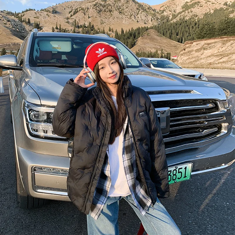 Women Diamond Quilt Parka Coat Short Jacket Zipper Pocket Stand Collar Long Sleeve Thick Loose Office Lady Casual 2025 Winter