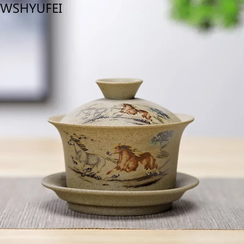 WSHYUFEI Jingdezhen ceramic Gaiwan bowl Chinese style Stoneware retro tea set Handmade Bubble tea bowl Travel Tea cup 150ml