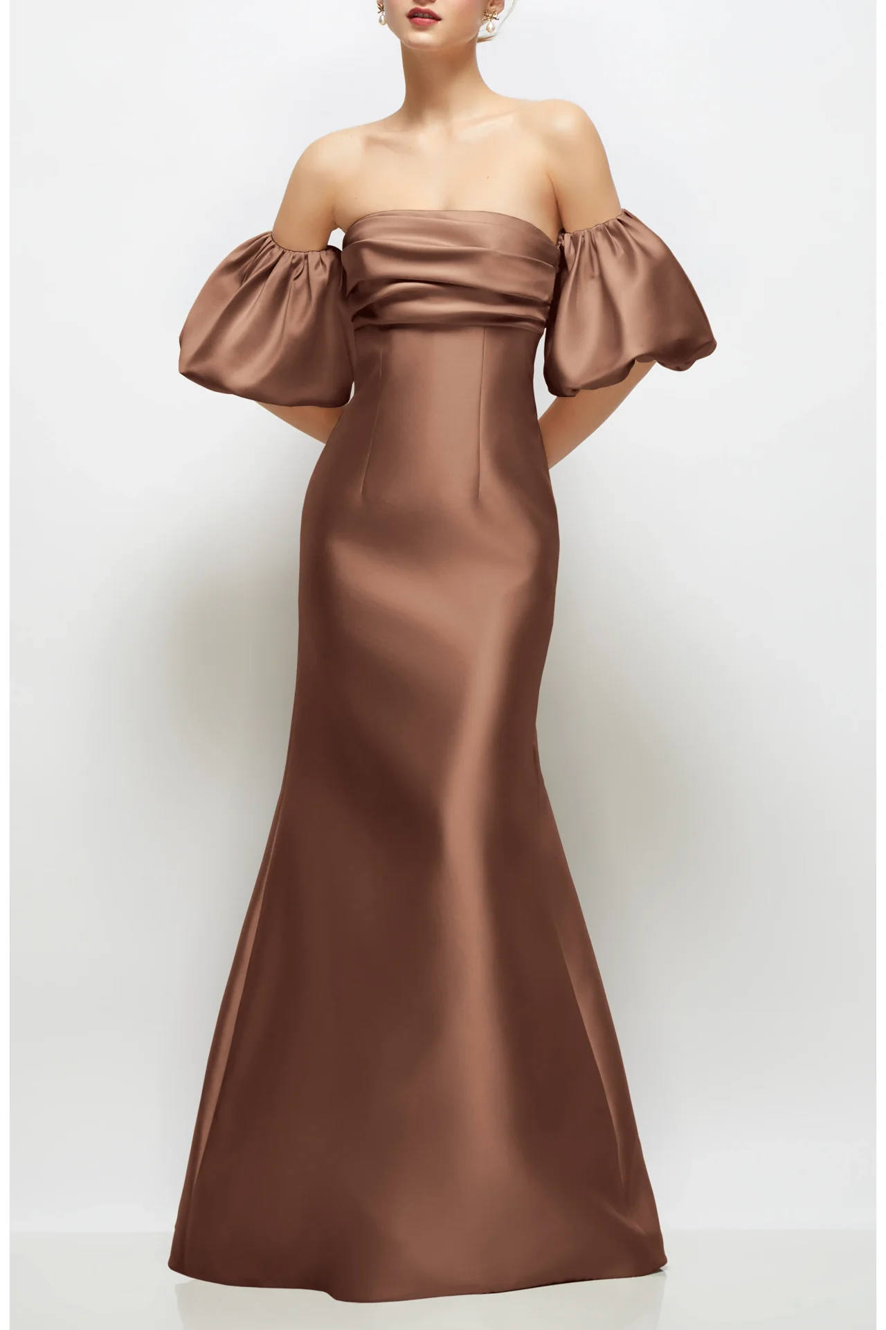 High Quality Customized Dark Brown Satin Strapless Puff Sleeve Maxi Dress Mermaid Formal Evening Gown for Women Prom Dress فستان view 2