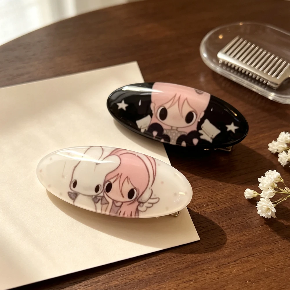 Y2K Cute Cartoon Girl Printed Oval Hair Clips Sweet Anime Snap Barrette Fashion Hair Pin Decorative Hair Accessories for Women G