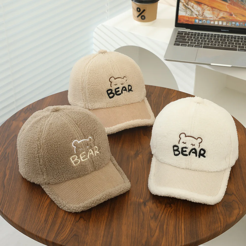 

Thickened Baseball Cap with Bear Embroidery for Boys and Girls Winter Plush Cap Hip Hop Style Baby Hat with Lettering MINISO Hat