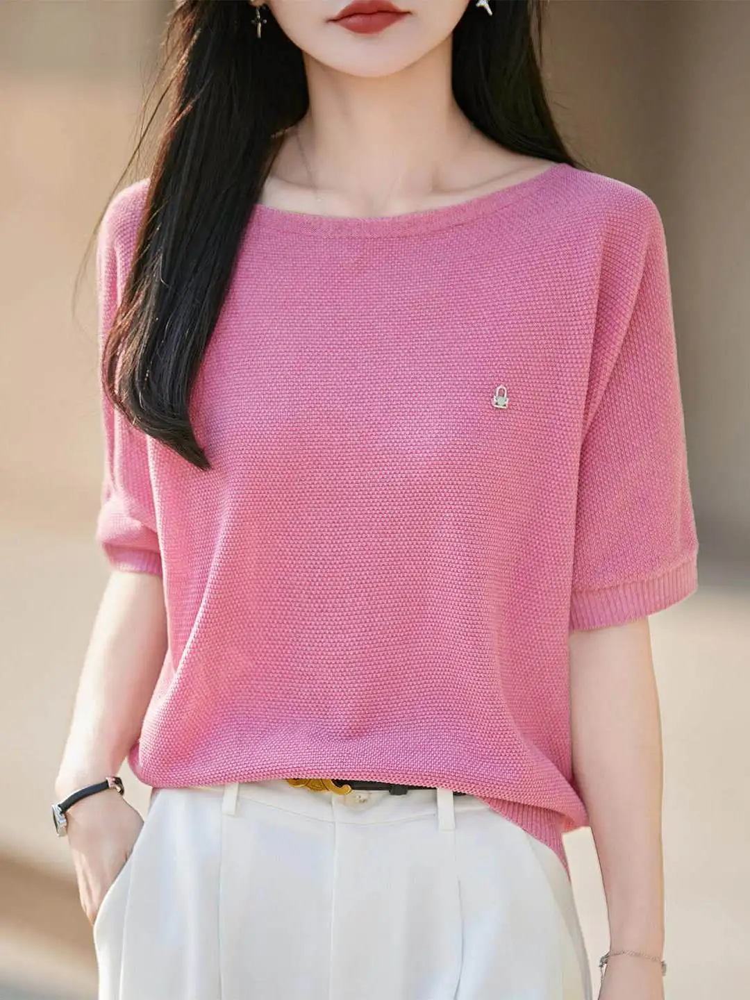 Lace Short Sleeve T-Shirt Shiny Thread Knitted Loose Women's Casual Top Breathable Summer Fashion Basic Color Block Design