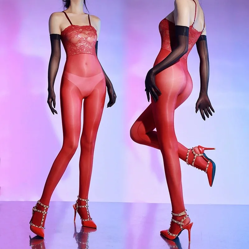 

Womens Lace Sling Jumpsuit Oil Shiny 5D Thin See Through Bodysuit High Elastic Stockings Leotard Dance Home Yoga Sheer Jumpsuits